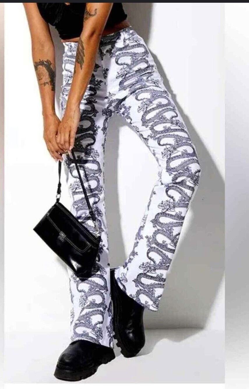MOTEL ROCKS Zoven Trouser in Dragon Rope White Black High Rise Pants M